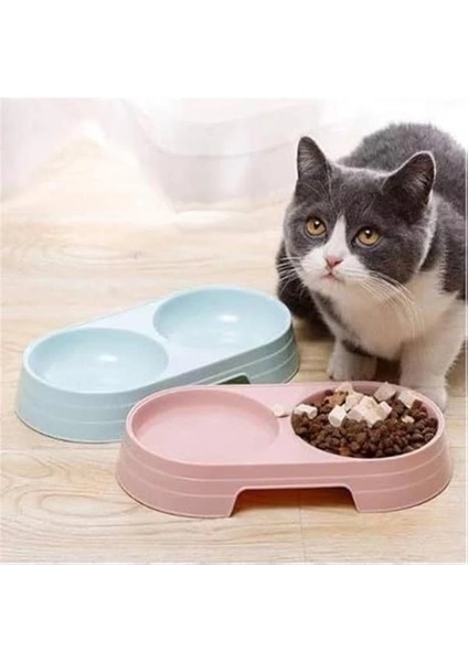 Ikili Evcil Hayvan Mama ve Su Kabı, Kedi Köpek Için Çift Bölmeli Beslenme Kabı, Karışık Renk