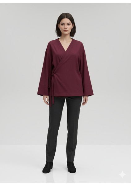 Kadın Kruvaze Viskon Kumaş Oversize Yandan Bağlamalı Kimono