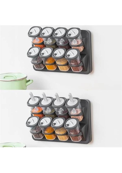 1117 Standlı Kaydırmalı Kaşıklı 360° Döner Kapaklı Etiketli Baharatlık Seti - Erzak Saklama