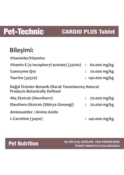 Pet-Technic Cardio Plus Tablet – Kedi ve Köpekler Için Koenzim Q10 ve Taurin Içerikli Kalp