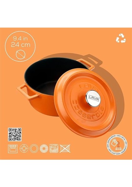 Metal Spring Serisi - Döküm Tencere, Yuvarlak, 24 Cm, Mat Emaye, Parlak Siyah Taban, Turuncu fırsatları