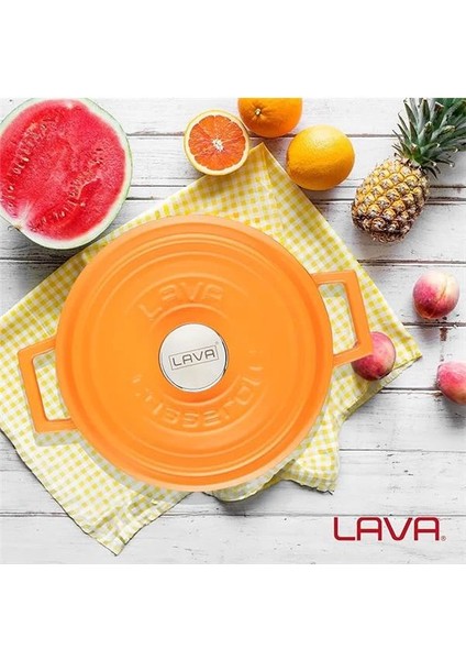 Metal Spring Serisi - Döküm Tencere, Yuvarlak, 24 Cm, Mat Emaye, Parlak Siyah Taban, Turuncu