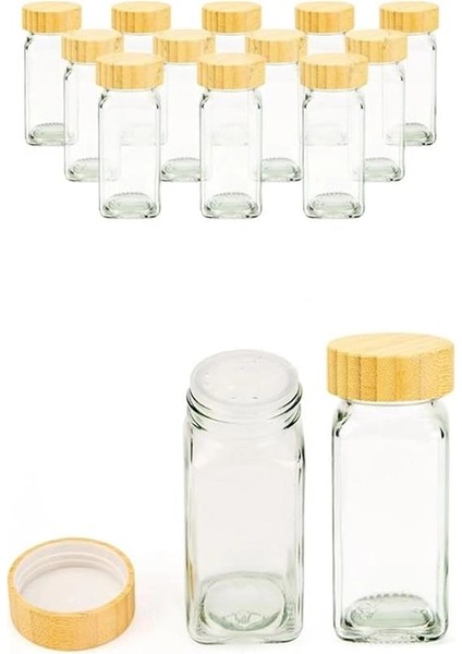 Hava ve Nem Korumalı Bambu Kapaklı Cam Baharatlık Seti 12'li (120 Ml) modelleri