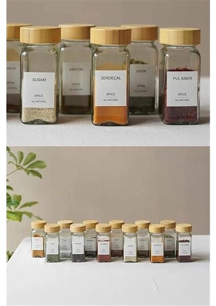 Hava ve Nem Korumalı Bambu Kapaklı Cam Baharatlık Seti 12'li (120 Ml)