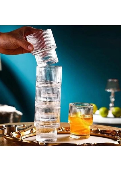 Origami Isıya Dayanıklı Çizgili Desenli Cam Bardak Kahve Çay Sunum Bardağı