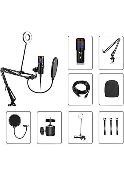 A6S-B Profesyonel Uzaktan Eğitim-Yayıncı Mikrofon Seti Işıklı