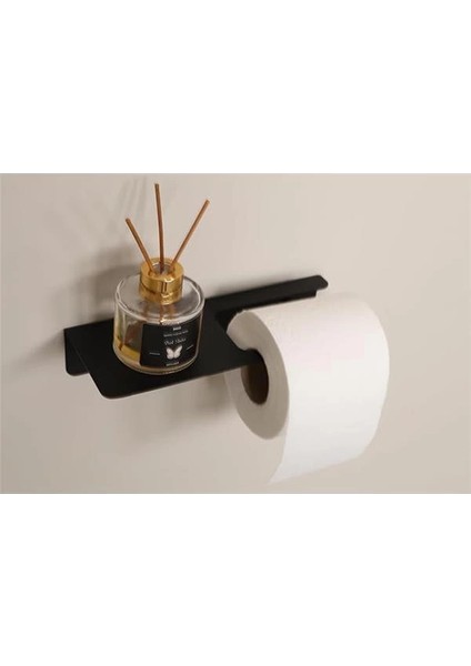 Yapışkanlı ve Vidalı Mat Siyah Uzun Telefon Raflı Tuvalet Kağıtlığı Wc Kağıtlık Tuvalet