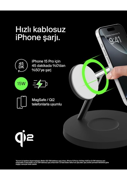 Boostcharge 3'ü 1 Arada Qi2 Şarj Cihazı, Magsafe Uyumlu Kablosuz Şarj Istasyonu, Apple Iphone modelleri