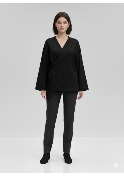 Kadın Kruvaze Viskon Kumaş Oversize Yandan Bağlamalı Kimono