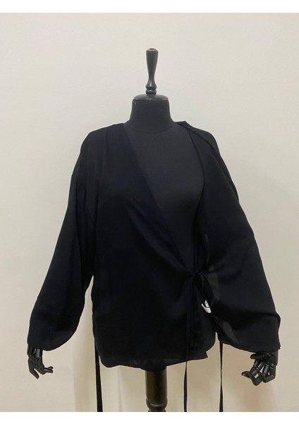 Kadın Kruvaze Viskon Kumaş Oversize Yandan Bağlamalı Kimono
