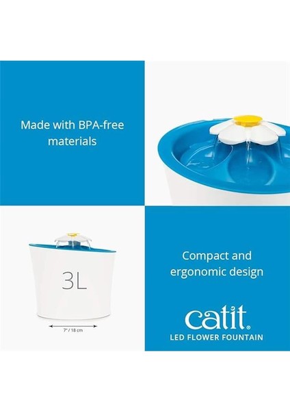 Çiçek Çeşmesi, Kediler Için Led'li Çiçek Çeşmesi, 3l, Beyaz/mavi