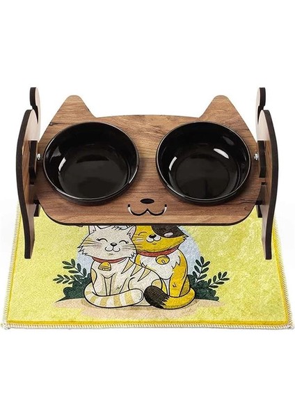 Ahşap Kedi Mama ve Su Kabı ile Kedi Köpek Paspası - Demonte Kedi Mama Su