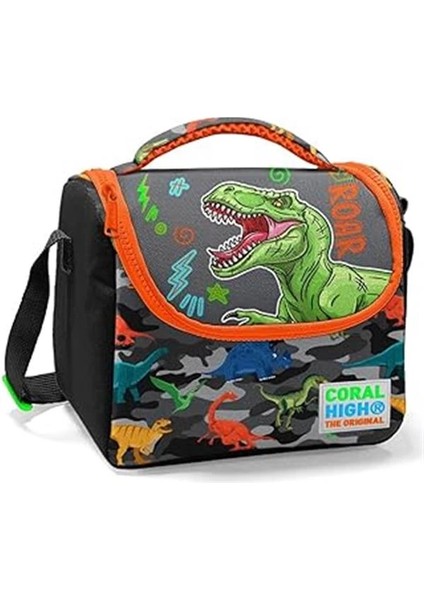 Siyah Turuncu Yeşil Dinazor Baskılı Erkek Çocuk Beslenme Çantası