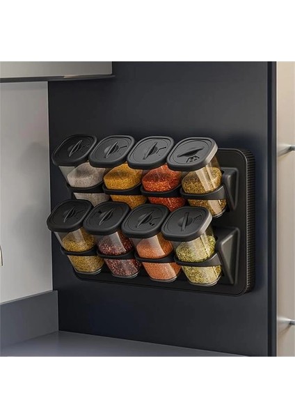 1121 Standlı 360° Döner Kapaklı Etiketli Baharatlık Seti - Erzak Saklama Kabı Siyah