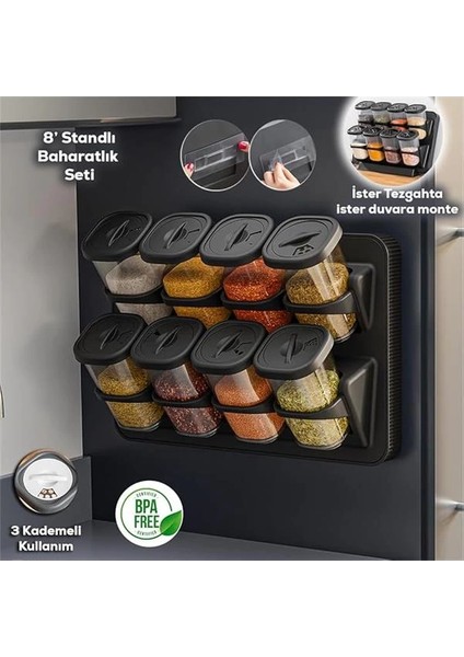 1121 Standlı 360° Döner Kapaklı Etiketli Baharatlık Seti - Erzak Saklama Kabı Siyah fiyatları