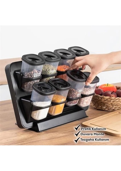 1121 Standlı 360° Döner Kapaklı Etiketli Baharatlık Seti - Erzak Saklama Kabı Siyah fırsatları