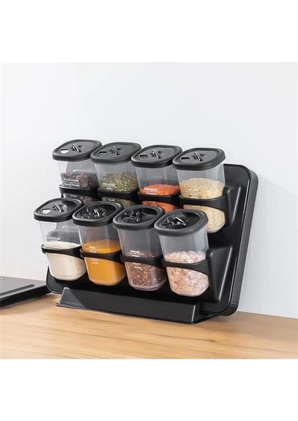 1121 Standlı 360° Döner Kapaklı Etiketli Baharatlık Seti - Erzak Saklama Kabı Siyah
