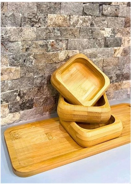 Bambu 3'lü Ahşap Sunum Seti Kahvaltılık Çerezlik Reçellik Tepsili Şık ve Pratik Servis