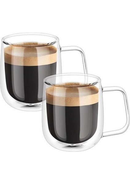 Çift Cidarlı Latte Macchiato Bardak Seti, 2 Adet Çift Duvarlı Kulplu Kahve Bardağı, 250 ml