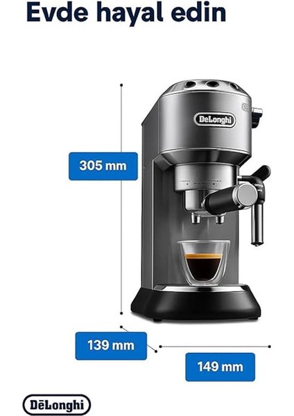 De'longhi Dedica Manuel Espresso Makinesi, 15 cm Genişlik, 1 L Kapasite, 1350W, 15 Bar Basınç fiyatları