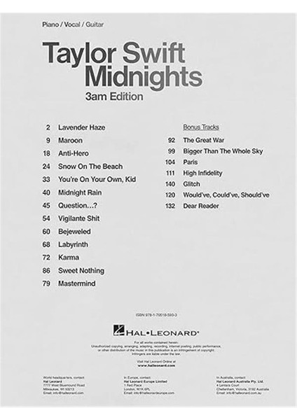 Taylor Swift - Midnights (3AM Edition): Piano/vocal/guitar Songbook fiyatları
