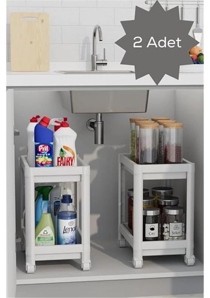 2 Adet 2 Katlı Tekerlekli Tezgah Altı Beyaz Banyo Mutfak Rafı MIT1120 modelleri