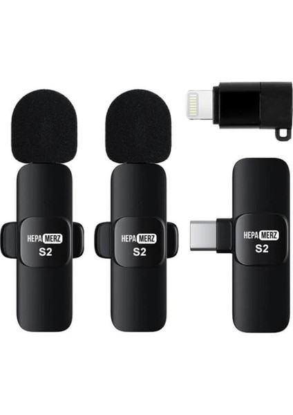 S2 Iphone ve Type-C Uyumlu Kablosuz Ikili Yaka Mikrofonu Youtube Facebook Tiktok Vlog