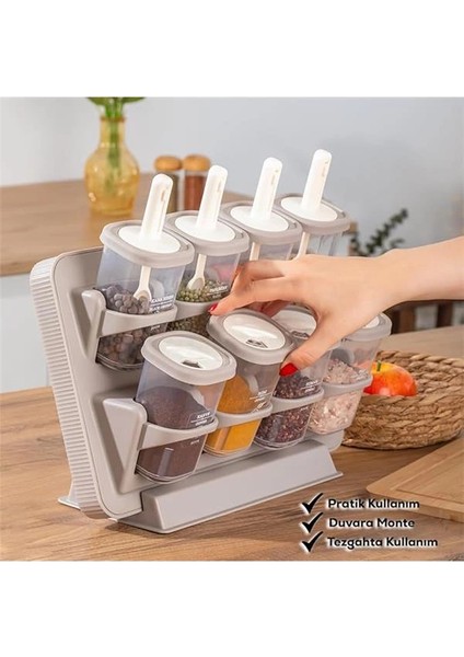 1116 Standlı Kaydırmalı Kaşıklı 360° Döner Kapaklı Etiketli Baharatlık Seti - Erzak Saklama modelleri
