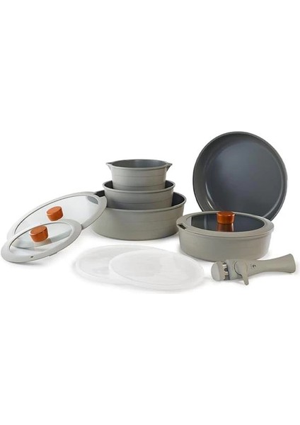 Midas Gri 11 Parça Ayrılabilen Saplı Iç Içe Geçebilen Tencere Tava Seti