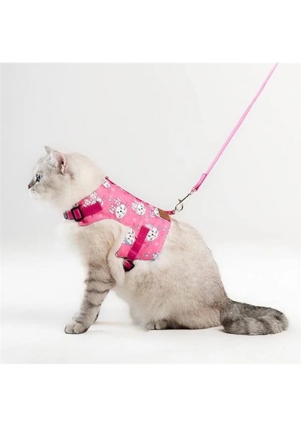 Kaçış Önleyici Kedi Gezdirme Tasması ve Küçük Irk Köpek Gezdirme Tasması (L, Pembe Kedi