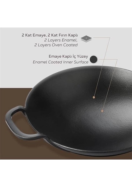 Döküm Wok Tava, Metal Kulplu, 38CM, Siyah