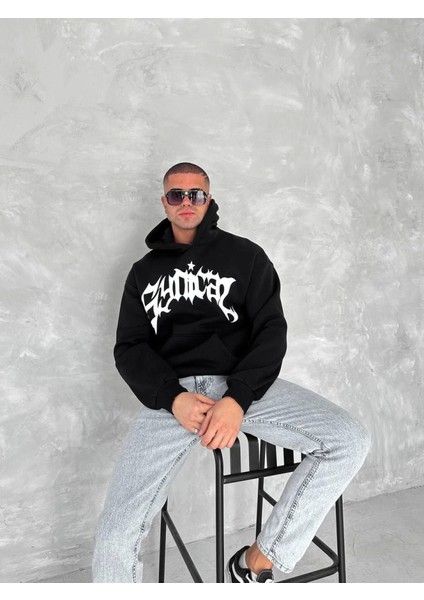 Unisex Üç Iplik Kapşonlu Baskılı Sweatshirt - Siyah fiyatları