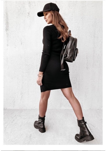 Kadın Siyah Uzun Kollu Bisiklet Yaka Yan Yırtmaç Düğme Detay Kısa Kaşkorse Elbise fiyatları