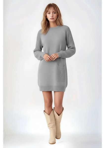 Kadın Kolları Uzun Kendinden Dokulu Bisiklet Yaka Tunik Boy Şık Kışlık Triko Büyük Beden Kazak