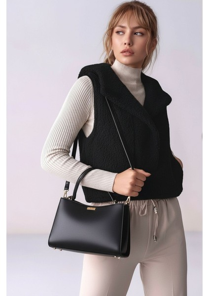 Kadın Önü Çıtçıtlı Kapüşonlu Yan Cepli Tasarım Yaka Spor Şık Crop Peluş Yelek