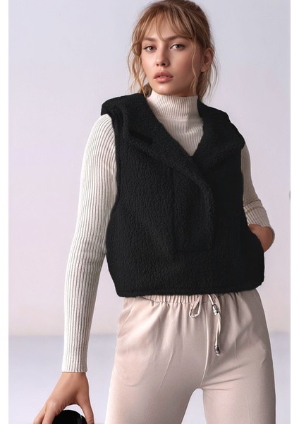 Kadın Önü Çıtçıtlı Kapüşonlu Yan Cepli Tasarım Yaka Spor Şık Crop Peluş Yelek modelleri