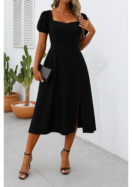 Kadın Kısa Kollu Kare Yakalı Yırtmaçlı Midi Janjan Krep Elbise