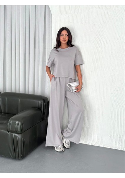 Osy Modal Yumuşak Dokulu Kumaş Bisiklet Yaka T-Shirt Bol Paça Pantalon Ikili Takım - Boyalı gr