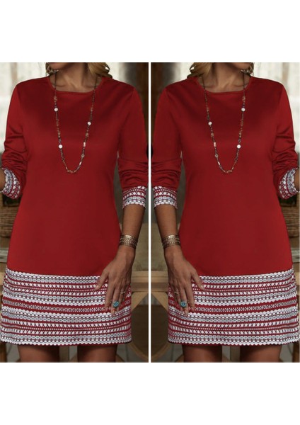 Kadın Uzun Kollu Bisiklet Yaka Kol Ağzı ve Etek Ucu Baskılı Iki Iplik Elbise modelleri