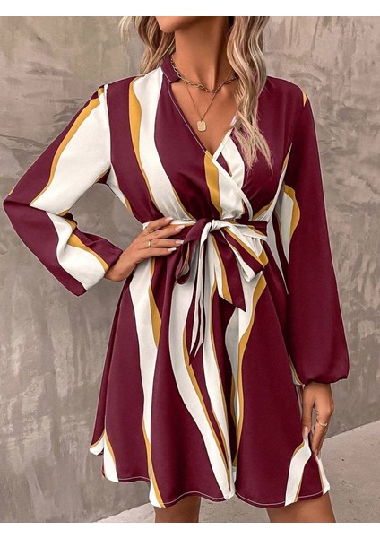 Kadın Uzun Kollu Kruvaze Yakalı Desenli Modal Mini Elbise fiyatları