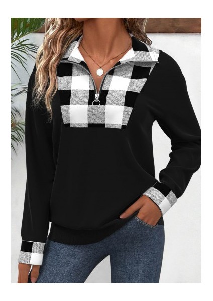 Kadın Uzun Kollu Yakalı Önden Fermuarlı Ekose Detaylı Viskon Iki Iplik Bluz modelleri