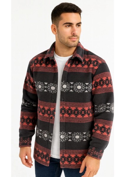Erkek Desenli Polar Gömlek – Etnik Şerit Desen Yakalı, Uzun Kollu, Düğmeli, Oversize Rahat Ka