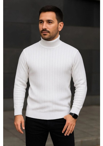 Erkek Fitilli Triko Kazak 2li Set Beyaz Siyah Regular Balıkcı Yaka Tam Boğazlı Triko Seti Modeli modelleri