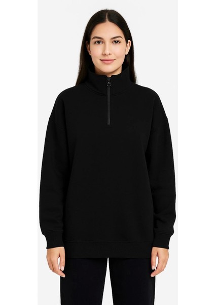 Üç Iplik Dık Yaka Yarım Fermuarlı Sweatshirt - Siyah modelleri