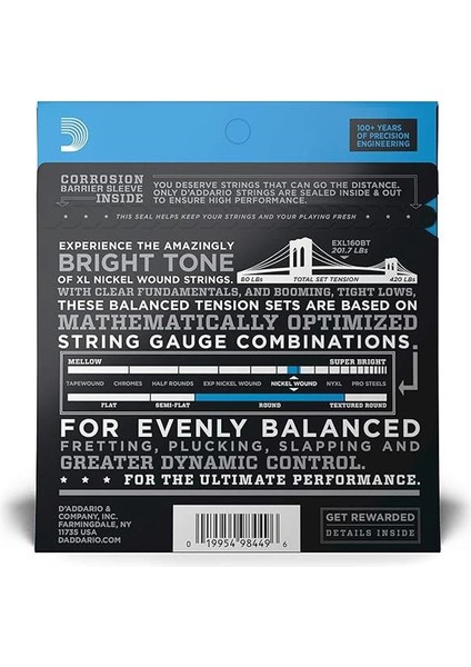 D'addario EXL160BT Bas Gitar Tel Seti, Xl, 50-120 Long Scale, Nickel fiyatları