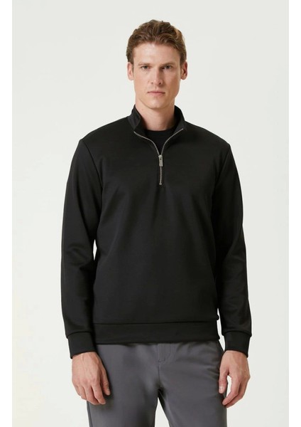 Unisex Uzun Kol Yarım Farmuarlı Yakalı Basic Sweatshirt - Siyah