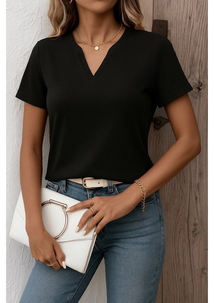 Kadın Kısa Kollu V Yakalı Ithal Krep Elbise