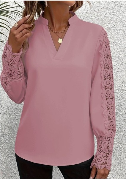 Kadın Uzun Kollu Hakim Yaka Kolları Dantel Detaylı Ithal Krep Bluz fırsatları