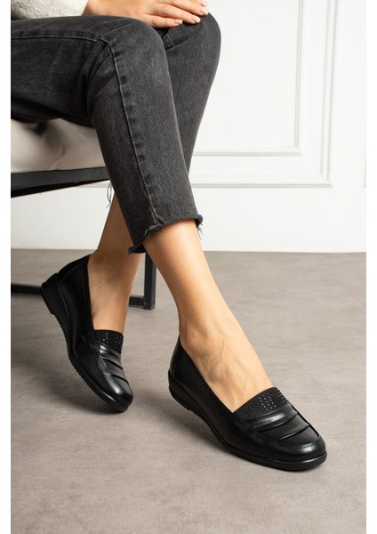 Kadın Siyah Hakiki Deri Klasik Ayakkabı Ortopedik Anne Ayakkabısı Anne Babet Topuklu Günlük Ayakkabı