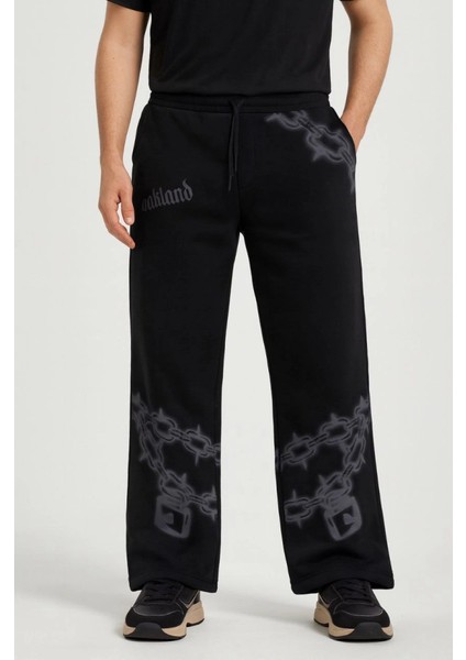 Erkek Üç Iplik Pamuklu Baskılı Cepli Jogger Buggy Pantalon Oversize Kalıp - Siyah